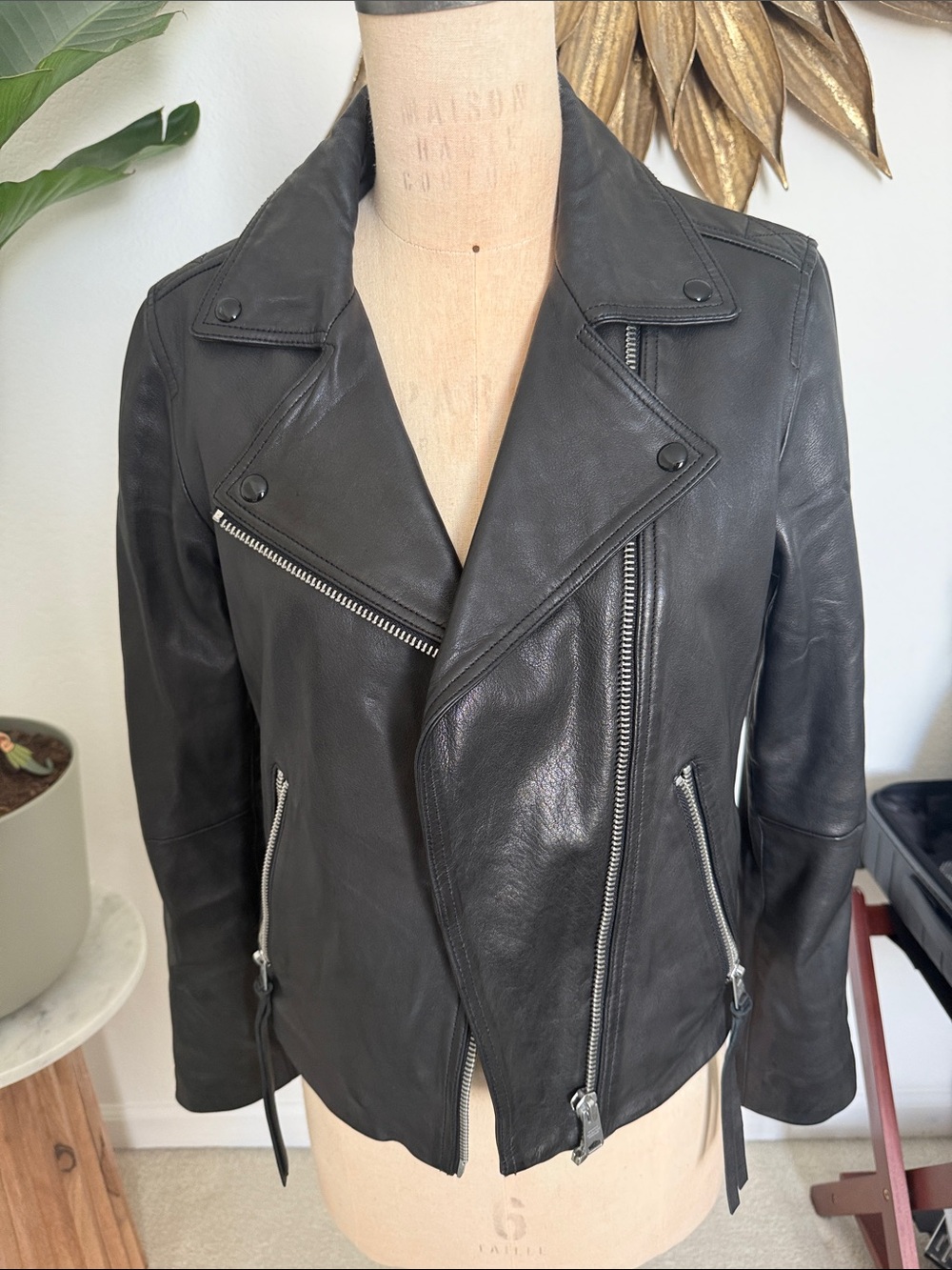 AllSaints Black Leather Asymmetrical Moto Jacket